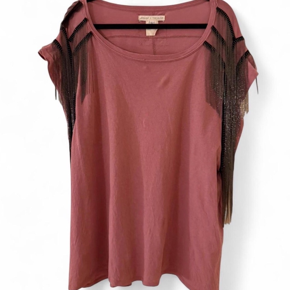 Free People Mauve Fringe Sleeve Tee